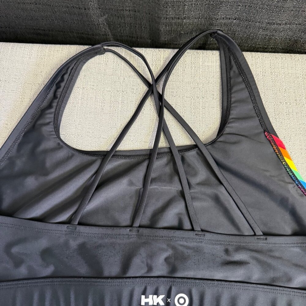 HK X Target Black Sports Bra Rainbow Stripe Strappy Back Size XL - Picture 2 of 11